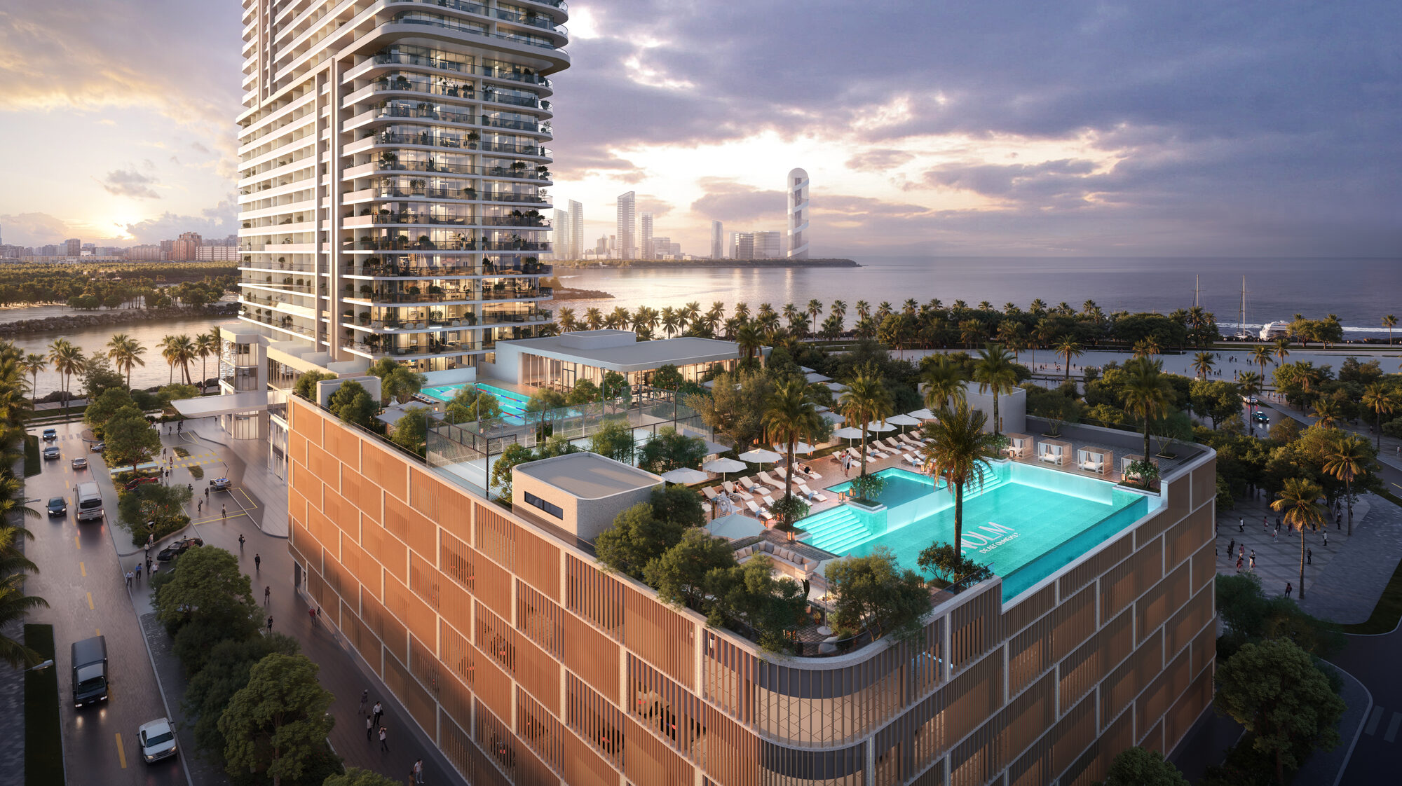 ONE PENINSULA Batumi by HOLM Developments — rooftop pool deck and podium amenities at dusk facing the Black Sea