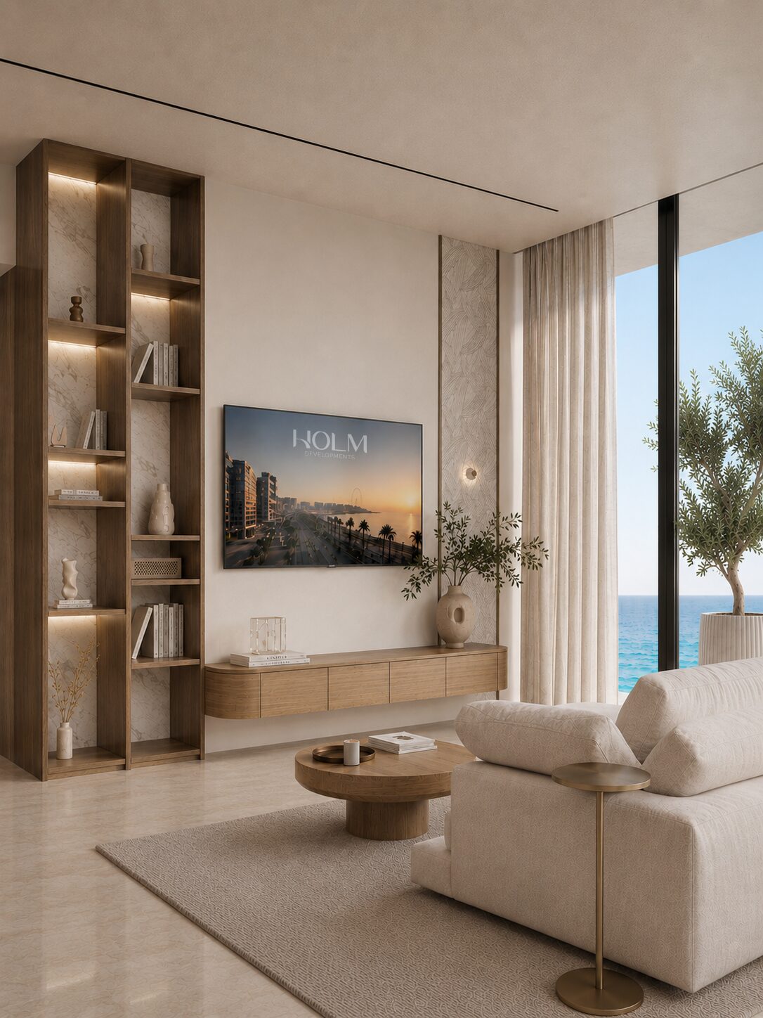 ONE PENINSULA Batumi by HOLM Developments — living room of a furnished apartment with floor-to-ceiling windows opening onto the sea