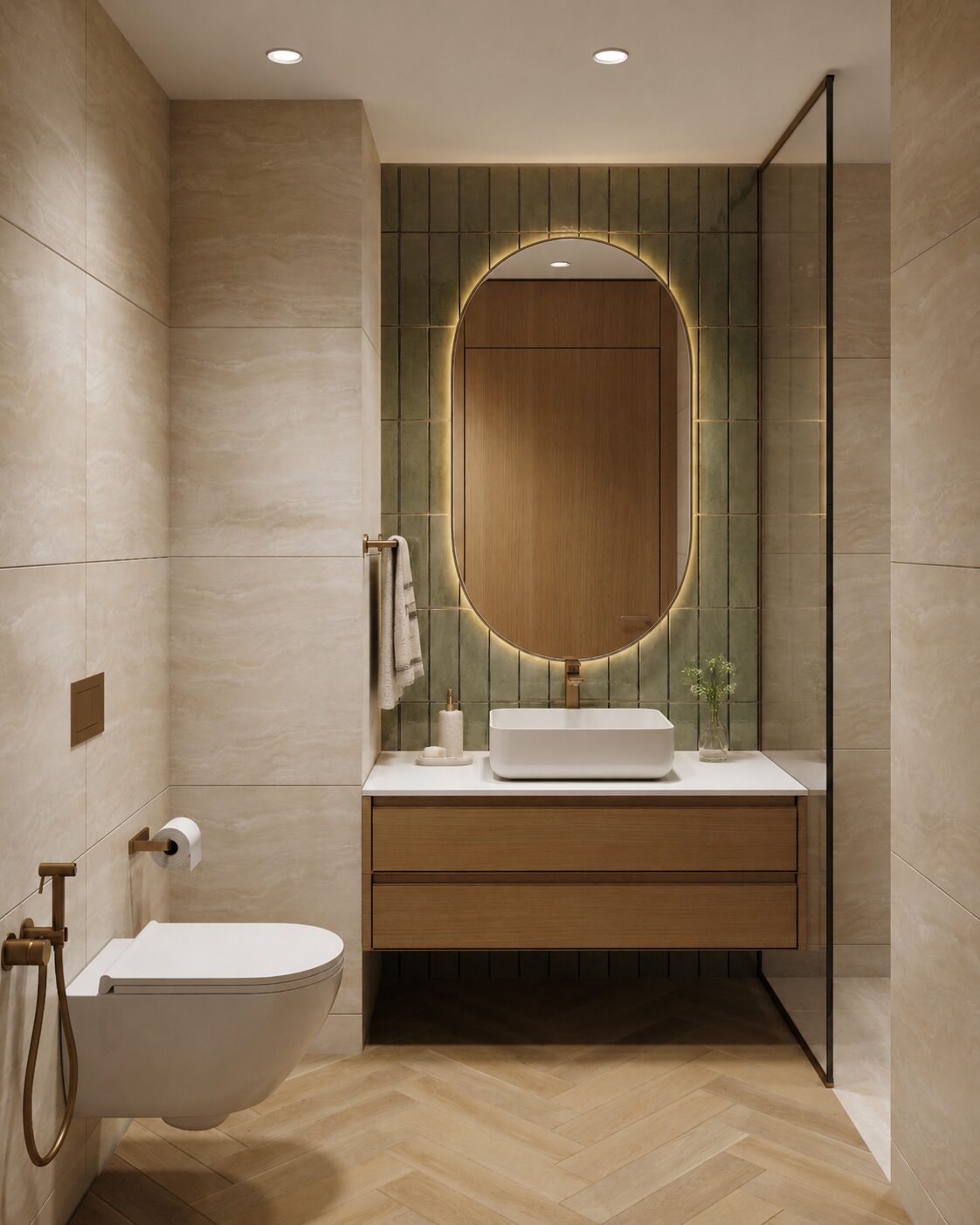 ONE PENINSULA Batumi by HOLM Developments — apartment bathroom with backlit mirror, marble vanity and herringbone flooring