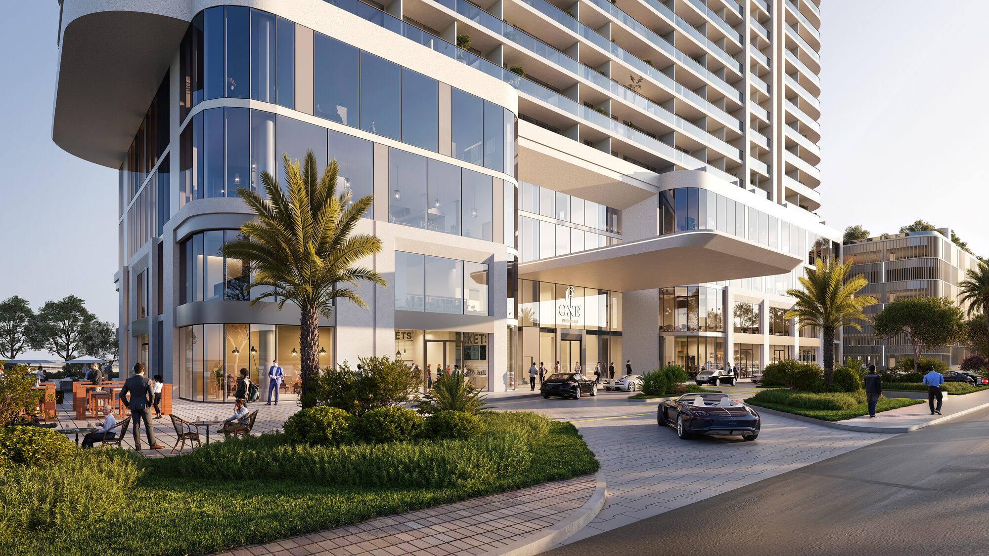 ONE PENINSULA Batumi by HOLM Developments — street-level entrance, glazed lobby and landscaped gardens of the residences