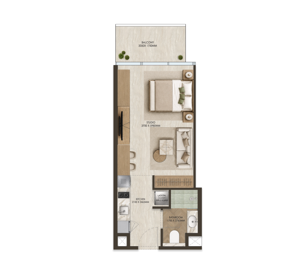 ONE PENINSULA Batumi by HOLM Developments — furnished studio floor plan with balcony, kitchen, living and sleeping area