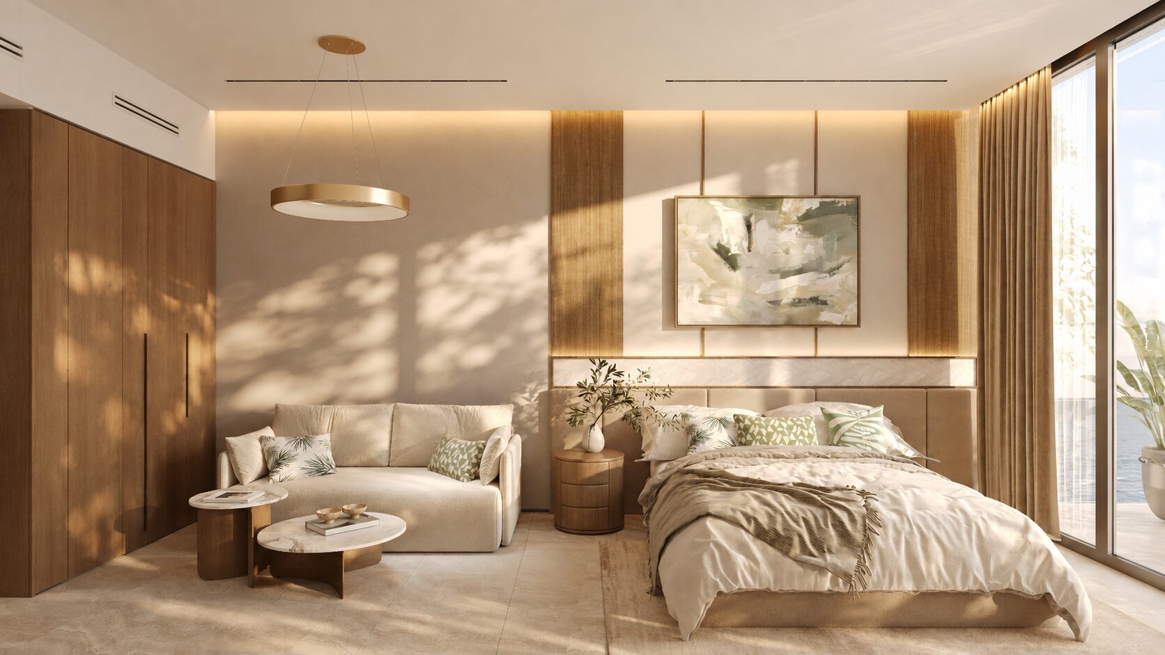 ONE PENINSULA Batumi by HOLM Developments — bedroom suite of a furnished apartment with natural light and a lounge corner