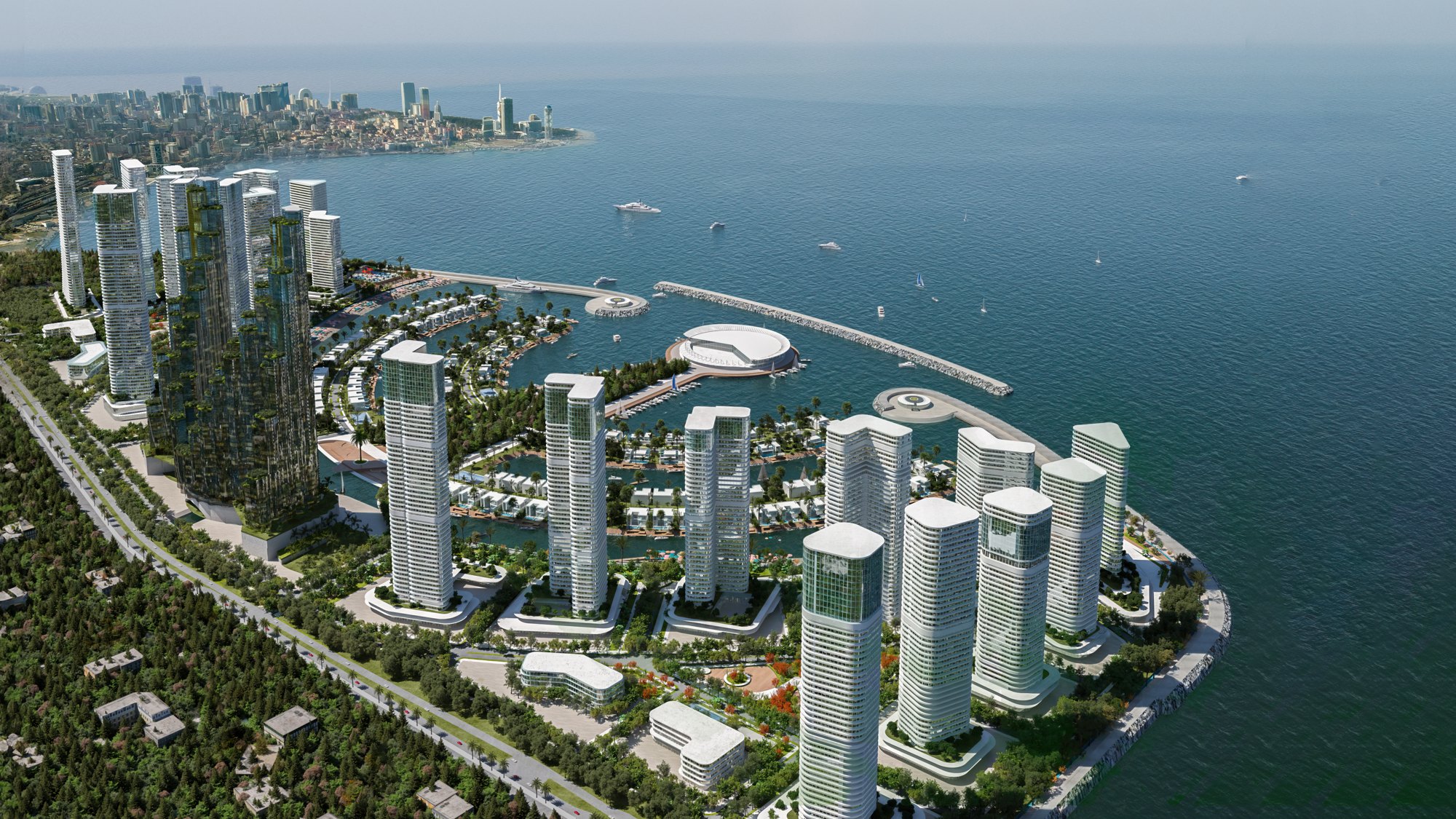 Ambassadori Island Batumi — island view aerial render, the island district of ONE PENINSULA by HOLM Developments