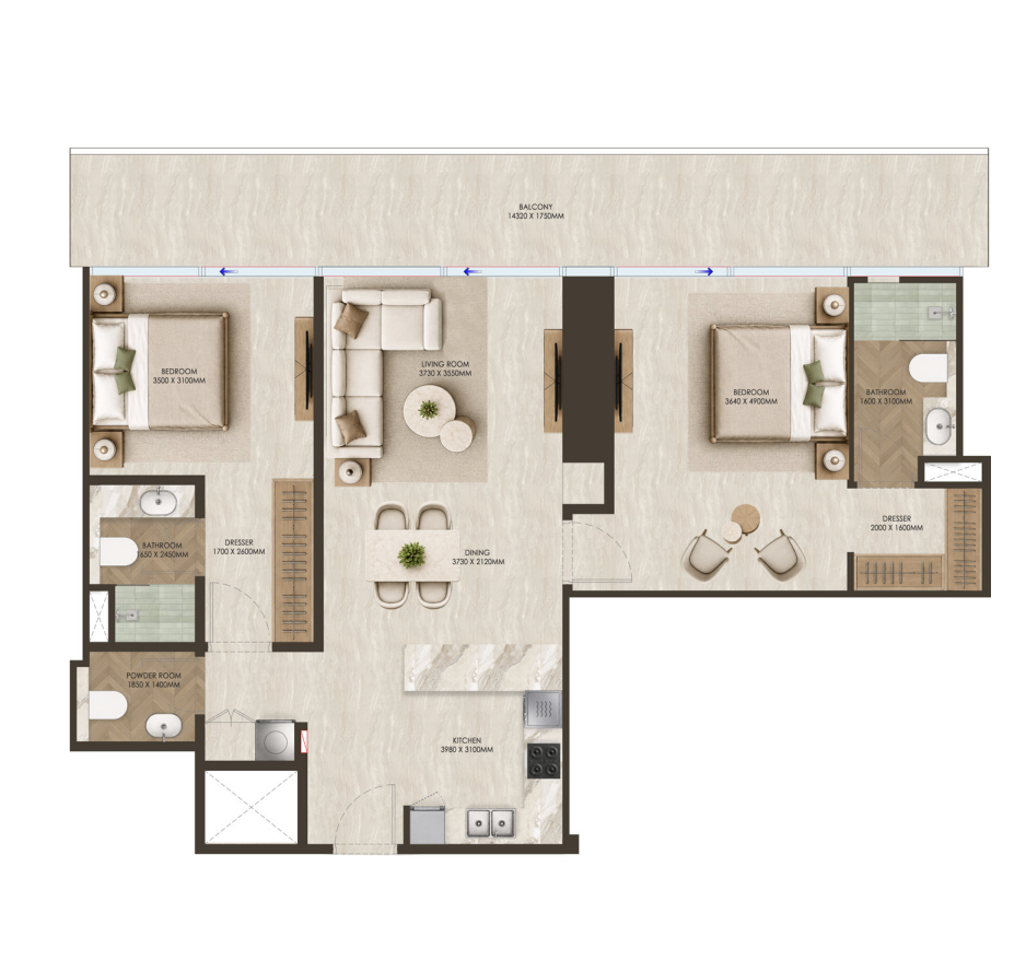 ONE PENINSULA Batumi by HOLM Developments — furnished 2-bedroom apartment floor plan with panoramic balcony and two bathrooms
