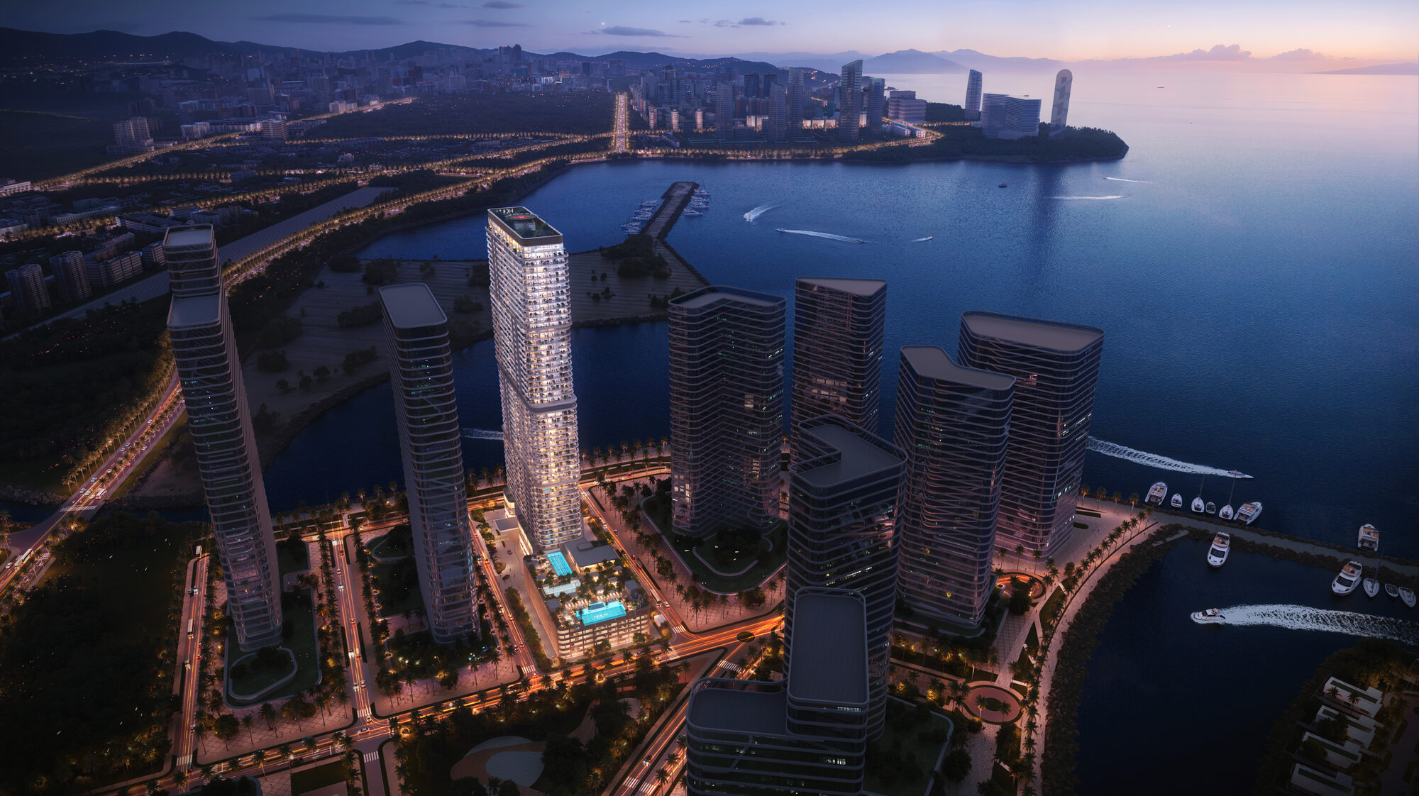 ONE PENINSULA Batumi by HOLM Developments — night aerial view of the Ambassadori Island skyline lit up along the Batumi seafront