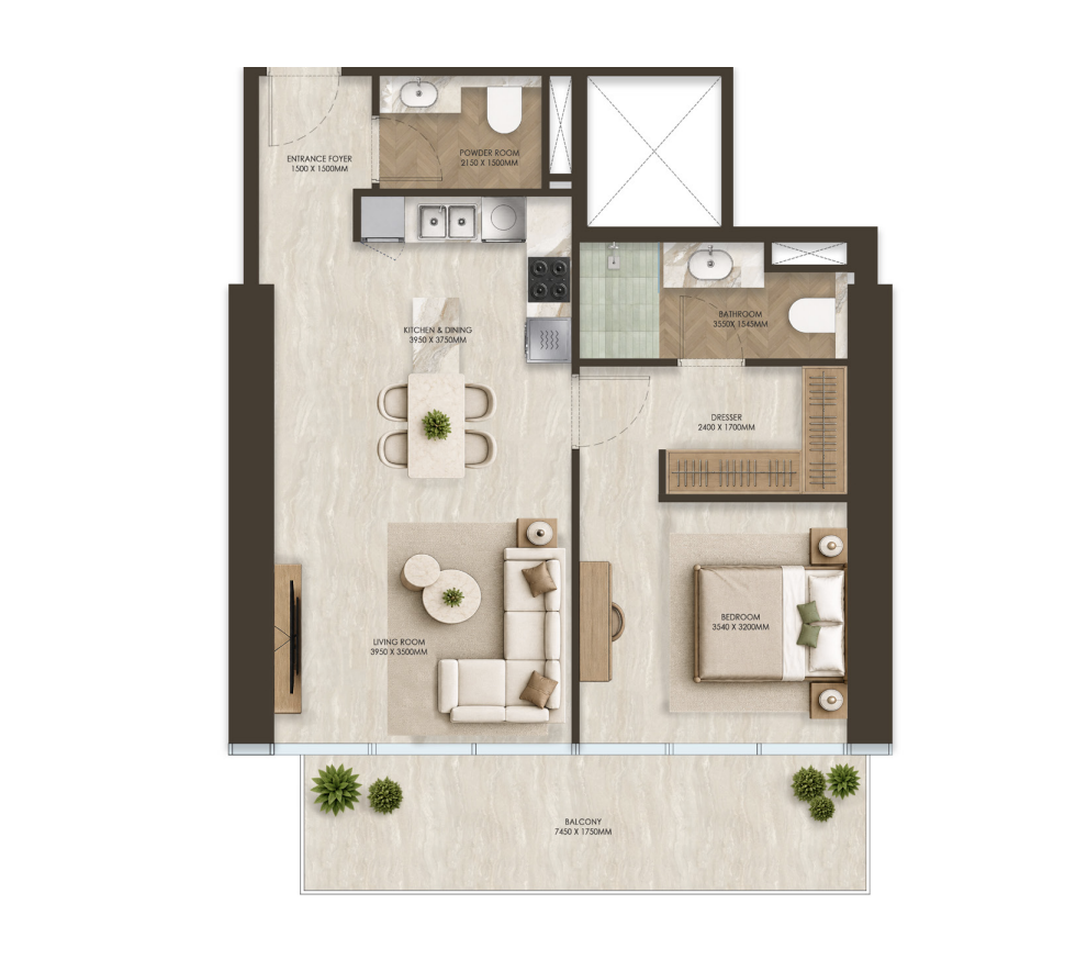 ONE PENINSULA Batumi by HOLM Developments — furnished 1-bedroom apartment floor plan with balcony, open kitchen and dressing room