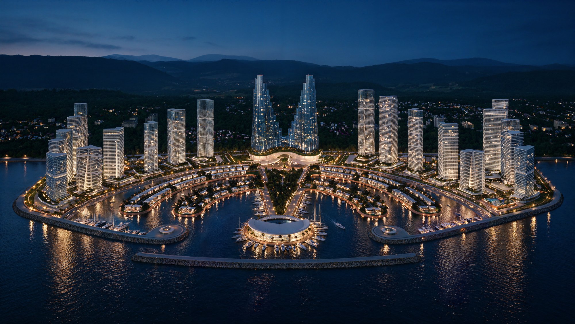 Ambassadori Island Batumi — waterfront promenade at sunset, the island district of ONE PENINSULA by HOLM Developments