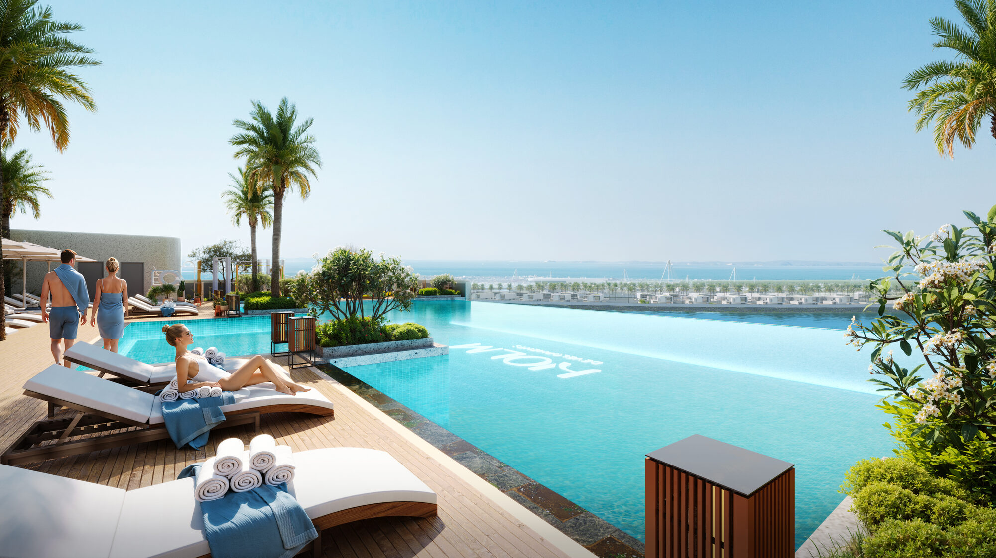 ONE PENINSULA Batumi by HOLM Developments — infinity pool facing the Black Sea with sun loungers and palm trees