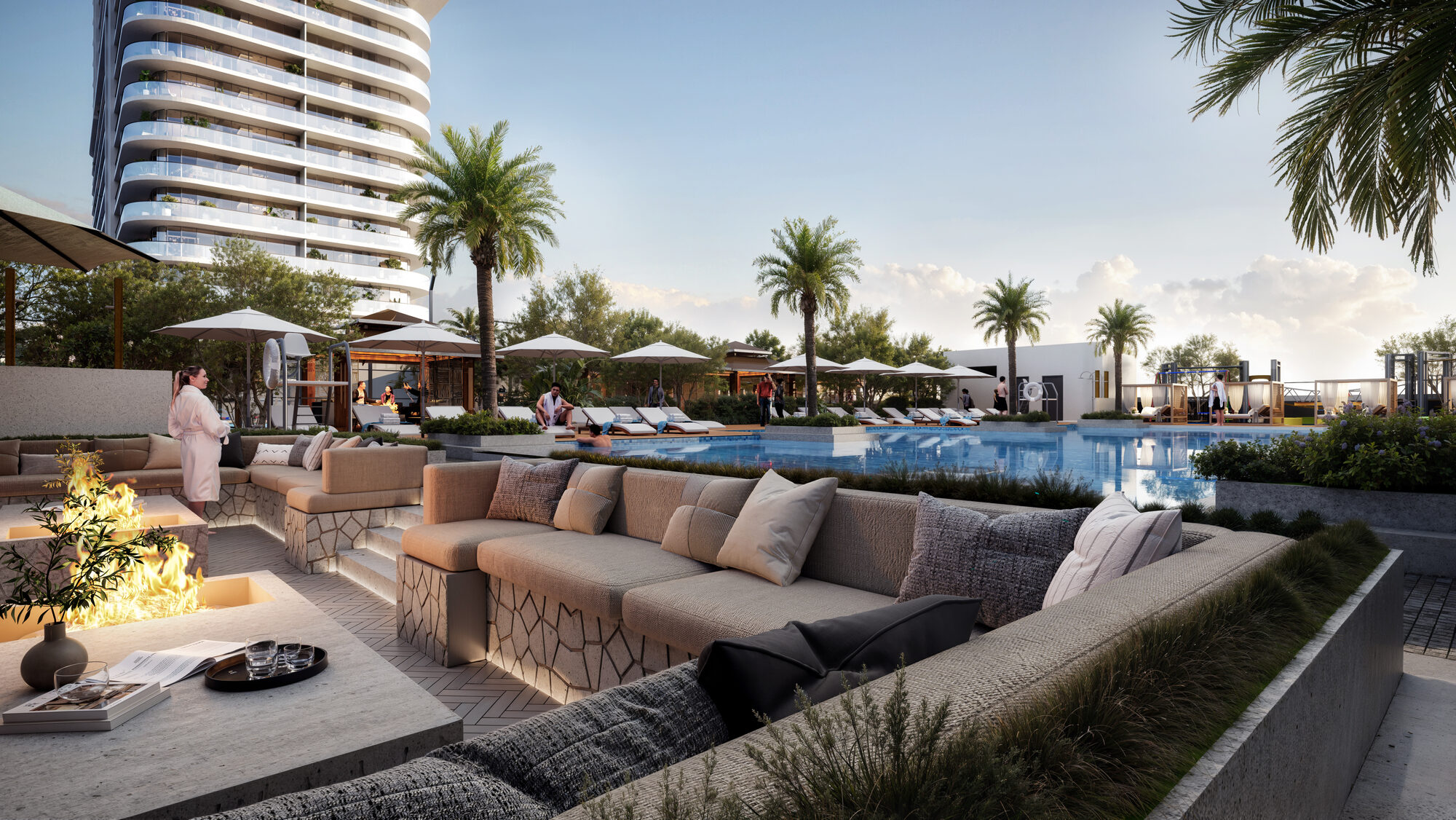 ONE PENINSULA Batumi by HOLM Developments — outdoor pool lounge terrace with palm trees and sun beds at the foot of the residences